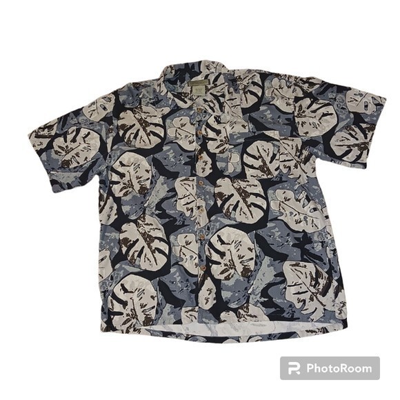 Naturalife Men's‎ 2XL Tropical Silk Short Sleeve Button Up Shirt Grey Tan Blue - Picture 1 of 6